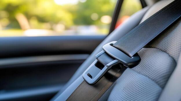 Seat belt tongue plate resting in its guide on a car seat, photographed in daylight with greenery visible through the window behind.