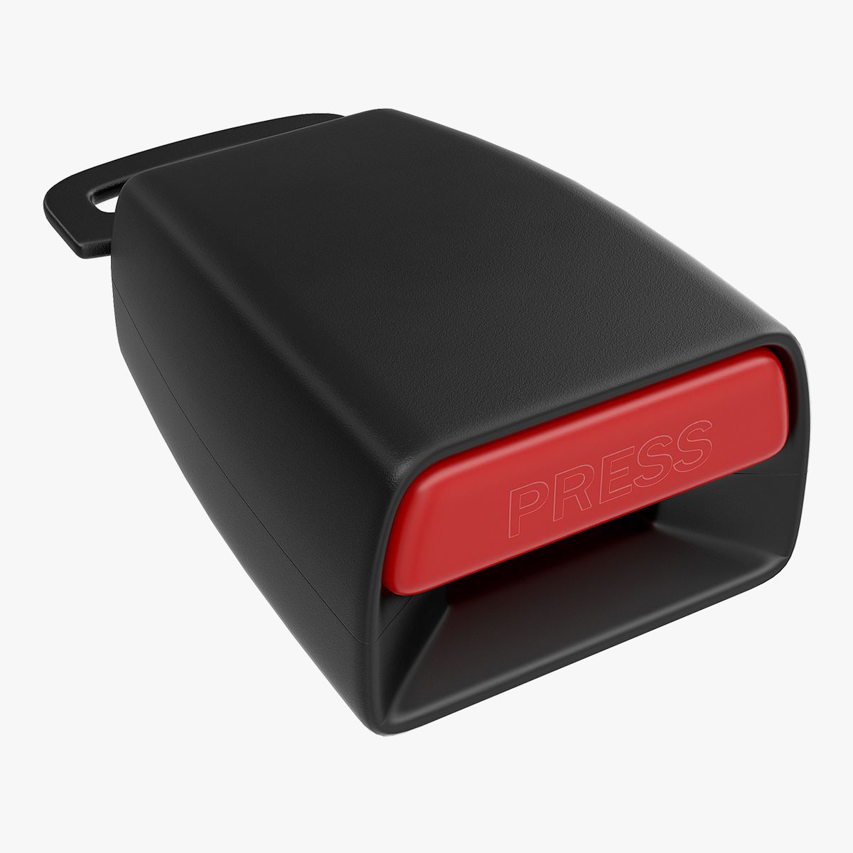 Studio product view of a black automotive seat belt buckle receiver with a red press-release button and a webbing loop at the rear.